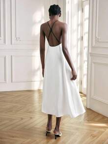 Maija Women's Contrast Color Knotted Sleeveless Backless Elegant All Season Dress White And Black Dress Satin Dress Elegant Dress Tie Front Dress A-Line Dress Modern Urban Casual Fashion Business Casual Women's Office Wear Low-Key Old Money Style Effortless Temperament High-End Urban Commuting High-Quality Airport Women's Wear High-End Material High-End, Elegant, Old-Fashioned Cruise Clothing - Chocolate Brown - View 7