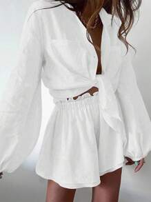 Chiquease 2 pièces Ensemble short et chemise à volants de couleur unie décontracté