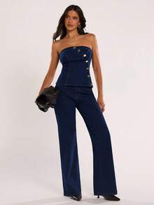 SHEIN BAE Women's Bandeau Top With Single-Breasted Design And Flare Pants Fashion Set - Medium Wash - View 7