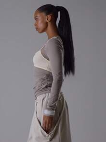 MUSERA 修身褶皱侧边叠层长袖抹胸上衣，优雅夜间外出秋季性感可爱酷女孩街头风，奶油黄黎明春日 - 卡其色 - 查看 3