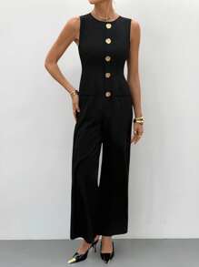 Siren Gaze 2025年秋季女装新款必备单品，复古风黑色无袖圆领连体裤和金色金属纽扣装饰，优雅的商务休闲工作教师日常通勤装 - 黑色 - 查看 8