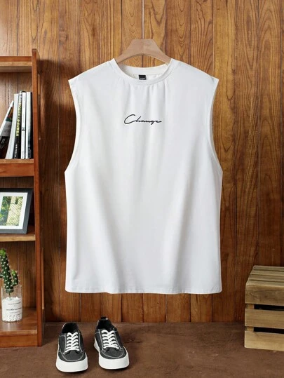 Manfinity VCAY Men's Letter Print Round Neck Tank Top , Sleeveless Graphic Plain All White Urban Casual