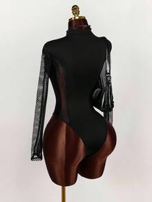 Amplova Stand Collar Mesh Contrast Form-Fitting Long Sleeve Black Bodysuit - Black - View 2