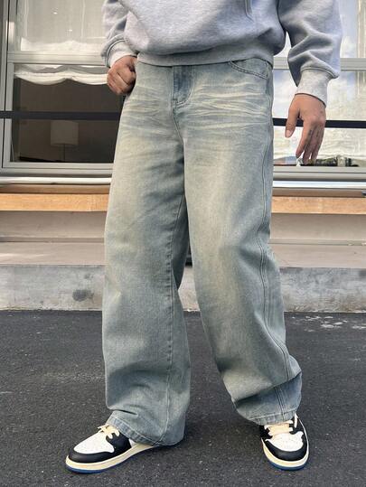 DAZY Jeans azules lavados con estilo vintage de calle para hombres, otoño