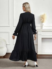 SHEIN 孕妇纯色交叉褶皱腰褶优雅连衣裙 - 黑色 - 查看 5