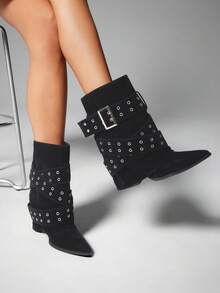 SHUZIA Women Buckle Decor Sexy Point Toe Chunky Heel Faux Suede Chic Mid-Calf Boots - Black - View 2