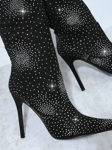 SHUZIA Botas con diseño de diamante de imitación de punta estilete - Negro - Ver 4