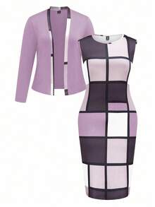 Conjunto casual de vestido sin mangas con parches de cuadros y blusa de manga larga estampada, talla grande - Multicolor - Ver 1