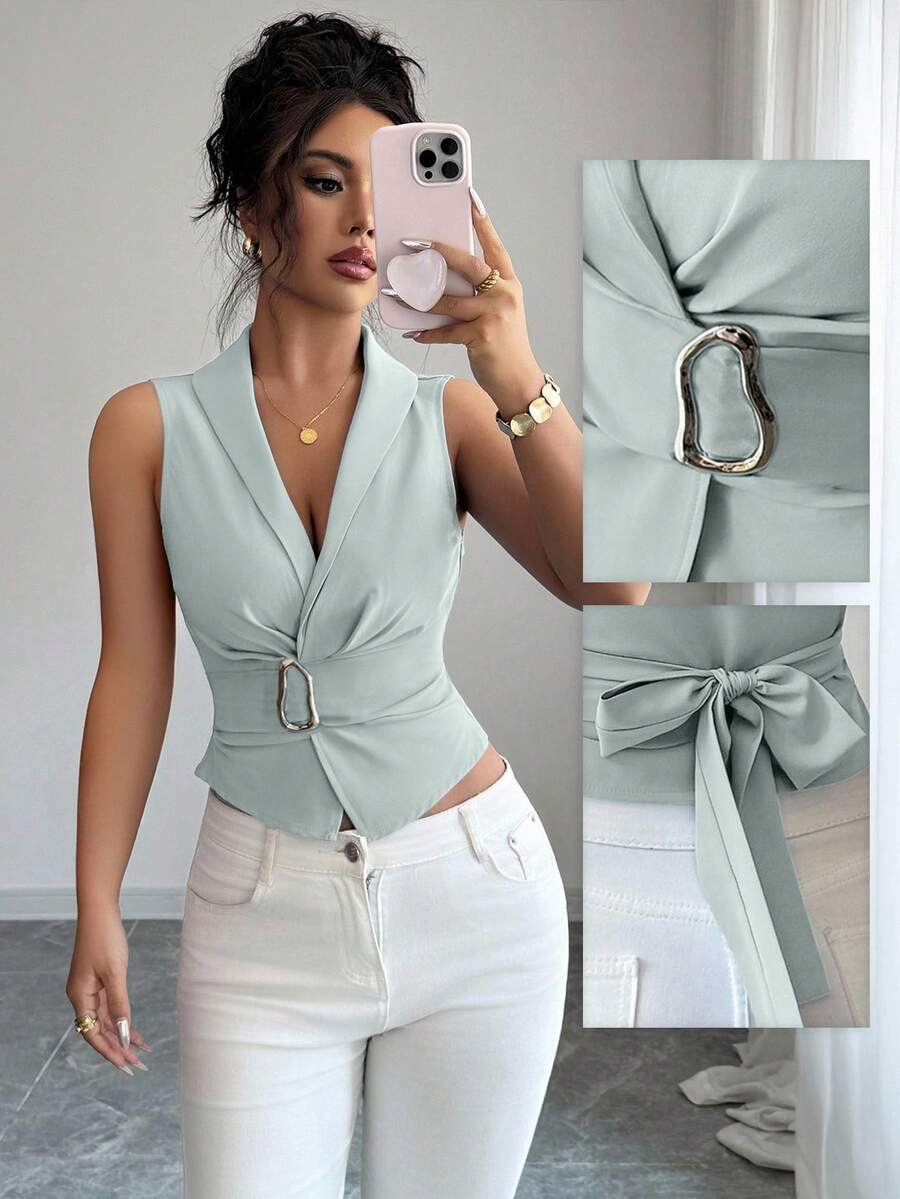 Elenzga Kemeja Wanita Bergaya Elegan dan Mewah dengan Kancing Logam Hitam - Mint Green - View 1