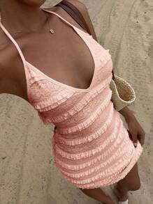 Opulessa Solid Color Knit Halter Backless Bodycon Mini Dress For Women - Pink - View 6