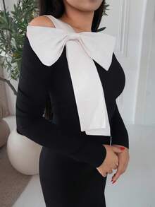 Durrani Popal 女士撞色蝴蝶结长袖连衣裙 - 杏色 - 查看 2