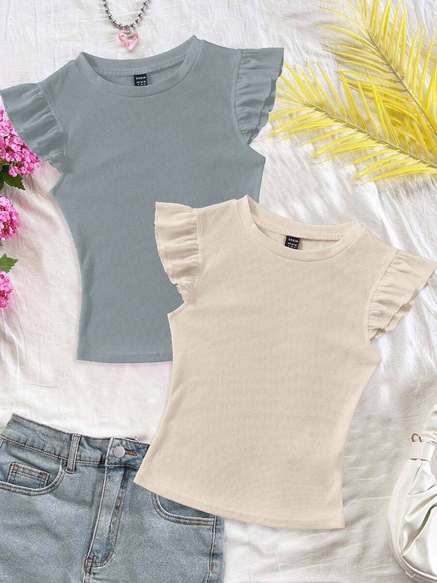 SHEIN EZwear 2pcs Set Hazy Blue & Apricot Ribbed Fabric Round Neck Tight Fit Short Cap Sleeve T-Shirt, Suitable For Summer - Multicolor - View 1
