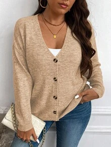 Vionelle Plus Size Women V-Neck Long Sleeve Button Front Casual Knit Black Sweater Cardigan, For Winter Fall Cloth For Women Autumn - Black - View 1