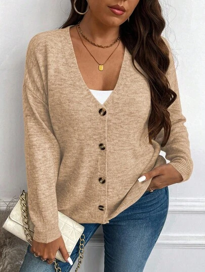 Vionelle Plus size dam V-ringad långärmad knapp framtill Casual stickad svart tröja kofta, för vintern