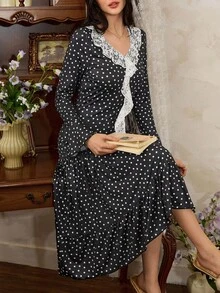 Côtesoire 法式优雅浪漫波尔卡圆点蕾丝荷叶边领长袖女士睡袍，秋季 - 黑與白 - 查看 4