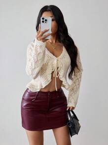 Chiquease Cárdigan corto de punto con flores, dobladillo con volantes y lazada, estilo de blogger - Albaricoque - Ver 6