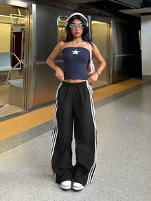 SHEIN EZwear 女式黑白松紧腰侧条纹阔腿宽松休闲工装裤 - 黑與白 - 查看 4