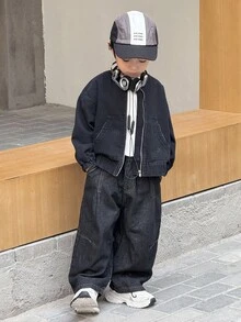 SHEIN Kurtka jeansowa dla chłopców z długimi rękawami i obniżonymi ramionami w kolorze czarnym