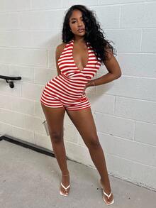 Alexandranx 女士度假红白条纹针织纹理深 V 领系腰连体裤，修身剪裁，适合派对、情人节、约会、分层穿着、圣诞节、海滩、狂欢节、复活节、波西米亚风度假 - 白色 - 查看 5