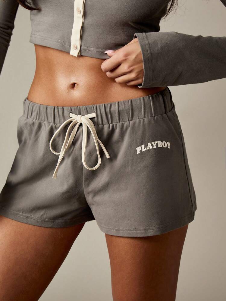 Missguided x Playboy Christmas Button Front Crop Top With Drawstring Shorts