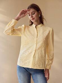 MOTF PREMIUM CONTRAST GUIPURE LACE BUTTON UP BLOUSE - Yellow - View 4