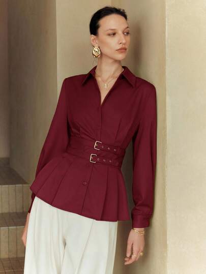 Arave Women's Viscose Modal Solid Color Green Shirt Collar Long Sleeve Half-Open Waist Belt Waist Elegant Casual Office Wear Blouse, Spring/Autumn Fall Cloth For Women