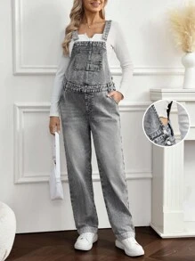 SHEIN 孕妇休闲水洗口袋直筒牛仔背带裤 - 深色水洗藍 - 查看 1