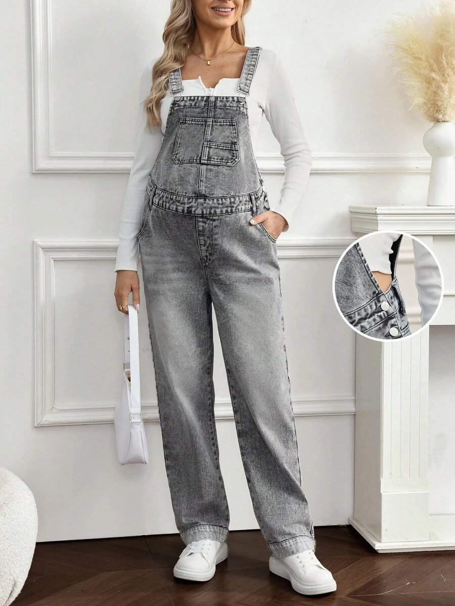 SHEIN 孕妇休闲水洗口袋直筒牛仔背带裤 - 深色水洗藍 - 查看 1