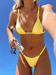Swim Mod 2pcs/Set Summer New Solid Color Sexy Backless Bikini Swimwear Set - Yellow - View 3