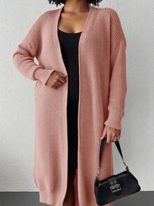 SHEIN Cottnline Women's Casual Solid Color Long Cardigan, Autumn/Winter - Coral Pink - View 3
