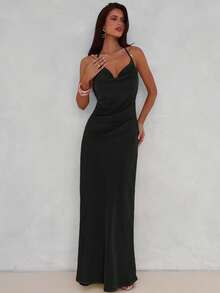 Aloruh Đầm dài hở lưng đính hạt trang trí cổ khoét sâu gợi cảm và thanh lịch dành cho nữ, màu vàng nhạt - màu đen - Xem 3