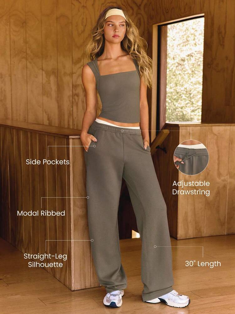 Modal Ribbed Straight-Leg Built-In Adjustable Drawstring Waist Active Pants With Side Pockets Casual Daily Wear  Spring Summer