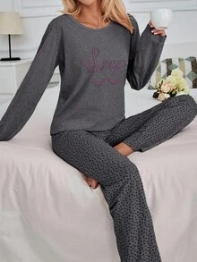 EURMUSE Plus 100% Cotton 2Pcs Eye&Heart Printed PJ Set Women S Pajama Women S Pajama Pants Women Pj Set Short Women Nighty Pj Tops For Women Pajama Set Women Long Sleeve Pajama Set Womens Pajama Set 2 Piece Pajama Set Women Sleepwear Set Women - Dark Grey - View 4