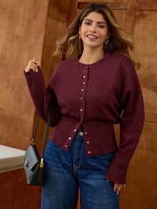 Elaquor Áo len cardigan dệt kim tay dài trễ vai màu trơn cỡ lớn dành cho nữ, mùa thu - Màu Đỏ Sâu - Xem 3