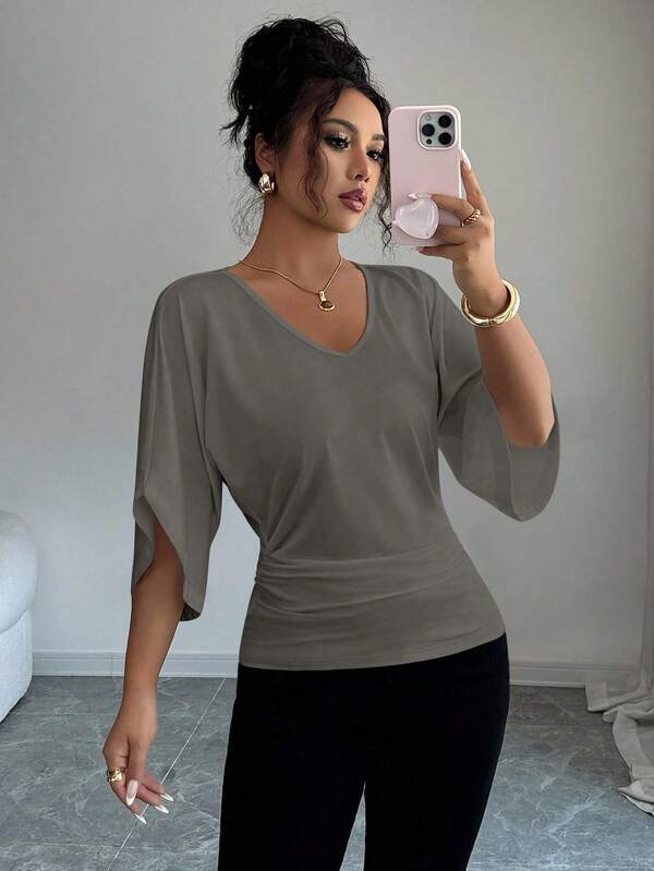 Elenzga Women's Casual Solid Color Batwing Sleeve V-Neck T-Shirt, Suitable For Everyday Wear