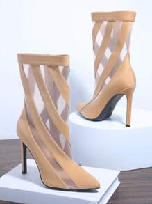 SHUZIA Mesh Panel Stiletto Heeled Boots - Camel - View 1