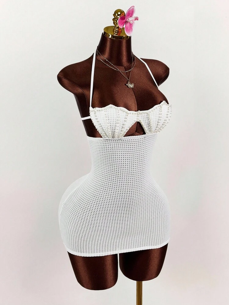 Amplova Vestido Curto Míni Justo Tricô, Corpete Cavado sem Costas, Halter com Amarração - Branco - Visão 4