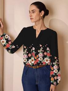 Glamance Shutterstock 黑色花卉休闲优雅精致简约女式长袖 V 领衬衫，适合日常、工作、郊游、办公室、复古旅行、教师节、秋冬 - 白色 - 查看 5
