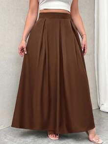 Firerie Damen Große Größen Grau Hohe Taille Maxi Plissee A-Linie Rock mit Taschen, Elastischer Bund, Herbst Schulanfang - Rostbraun - Übersicht 6