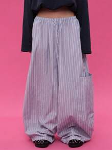 COUREZ 中号灯笼裤亚麻条纹长裤/Y2K 街头时尚女式夏季服装夏季下装度假复古