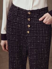 MOTF PREMIUM TWEED PLAID PATTERN METAL BUTTON FRONT FLARE LEG PANTS - Black - View 2