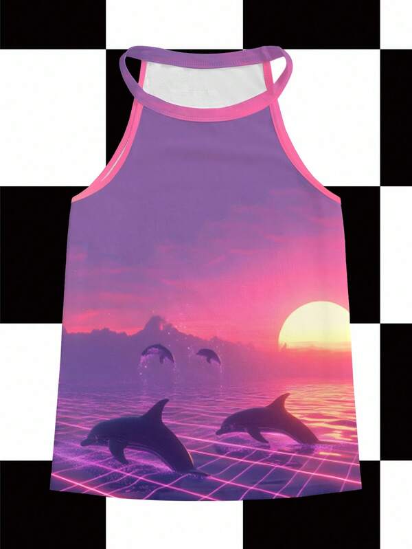 Shutterstock Y2Kool Débardeur à col ras-du-cou avec imprimé de coucher de soleil sur une ville futuriste avec des dauphins, style Y2K "City Girl", pour femmes, été