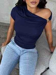 SHEIN SXY Women's Sexy Elegant Minimalist Brown Asymmetric Cold Shoulder Casual Versatile Blouse One Shoulder Top Dark Blue Top One Sleeve Top - Navy Blue - View 5