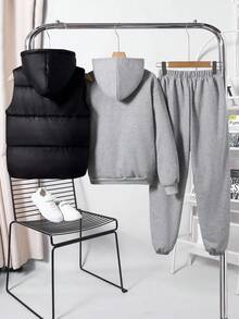 1 Set Tween BoyHooded Vest Jacket Paired With Grey Hoodie Sweatshirt & Casual Pants, Comfortable Fabric, Suitable For Winter Casual Outfits, Indoor & Outdoor Wear Fall - Multicolor - View 2