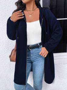 EMERY ROSE Plus Size Casual Solid Color Hooded Jacket Fall Winter Cloth For Women Autumn - Navy Blue - View 3