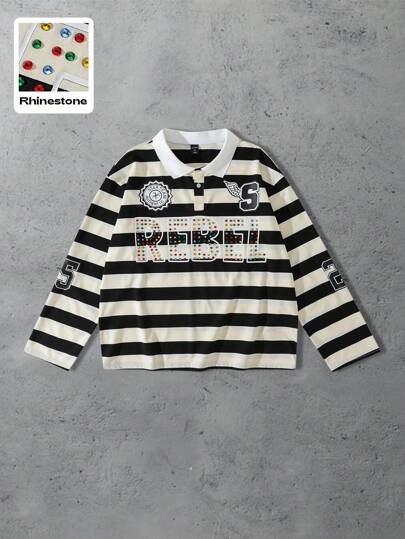 Street Life Camicia polo a maniche lunghe con strisce di diamanti scintillanti, vestibilità ampia, adatta per l'autunno