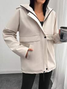SHEIN Tall Veste utilitaire zippée à capuche doublée pour femmes - coupe-vent minimaliste de streetwear - Beige - Voir 5