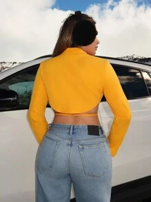 Zolique Jaket Kasual Lengan Panjang dengan Hem Asimetris Warna Polos untuk Wanita, Cocok untuk Musim Gugur dan Musim Dingin. - Kuning - View 2