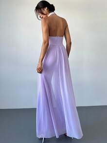 Firerie 女士优雅浪漫端庄度假时尚宴会日常露背高腰露背网眼丝带二合一薰衣草色连体裤 - 淡紫色 - 查看 4