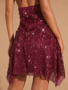 Glamine 女装秋季新款酒红色彩虹亮片连衣裙夏季新款浪漫性感露背连衣裙外出 - 紅色 - 查看 2